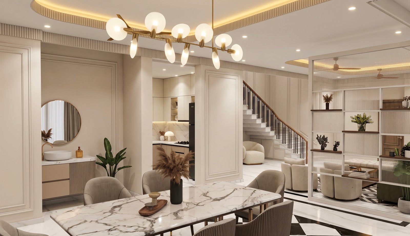 Luxury dining and living interior with marble finishes, sculptural lighting and warm neutral details